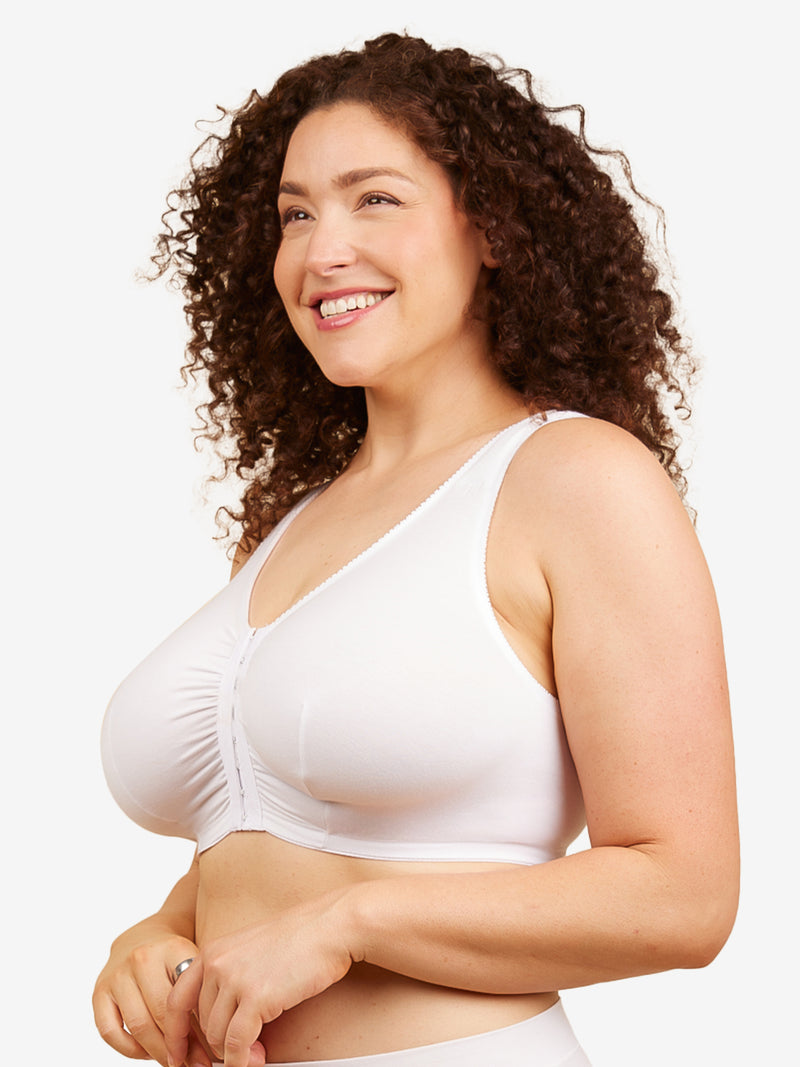 Side view of cotton front-closure wirefree comfort bra in white