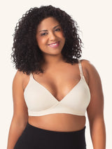 Front view of molded seamless wirefree nursing bra in nude