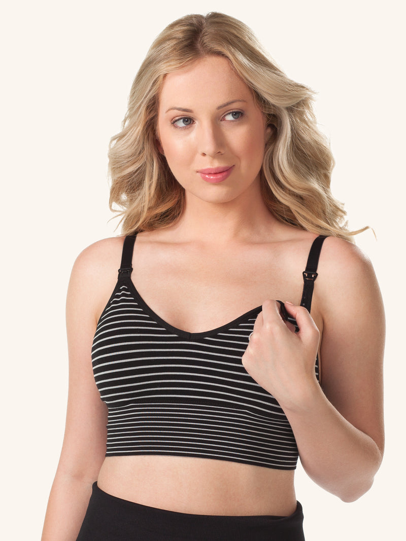 Front view of cotton seamless athleisure sports nursing bra in jet black with grey stripe