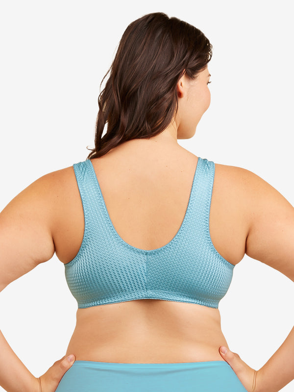 Back view of zig-zag weave front-closure comfort bra in blue