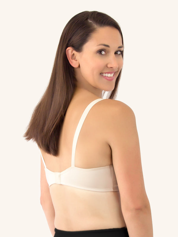 Back view of silky lace nursing bra in nude