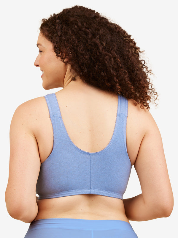 Back view of cotton front-closure wirefree comfort bra in heather denim blue