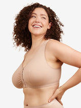 Side view of cotton front-closure wirefree comfort bra in warm taupe