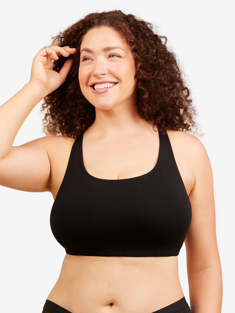 Front view of cotton wirefree sports bra in black