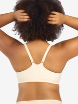 Front view of front-closure racerback t-shirt bra in nude