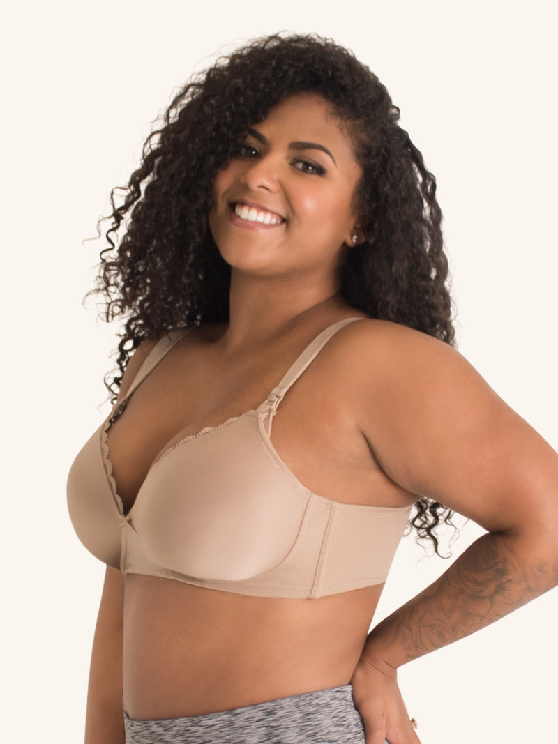 Side view of wirefree nursing and hands free pump bra in warm taupe