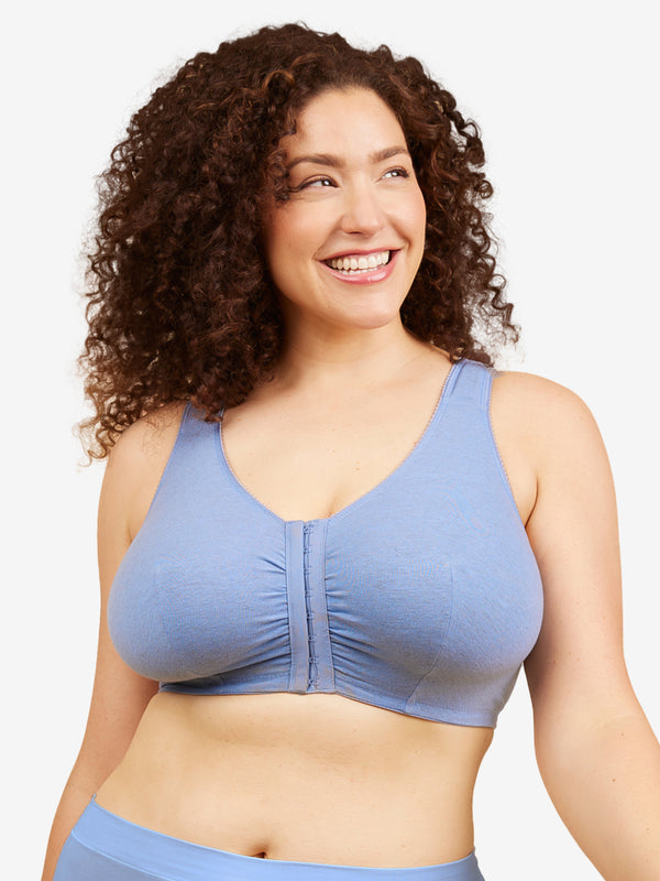 Front view of cotton front-closure wirefree comfort bra in heather denim blue